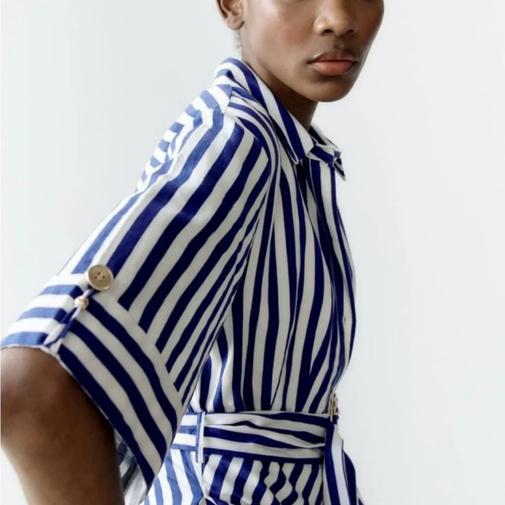 Zara Navy and White Striped Midi Dress - Picture 2 of 9